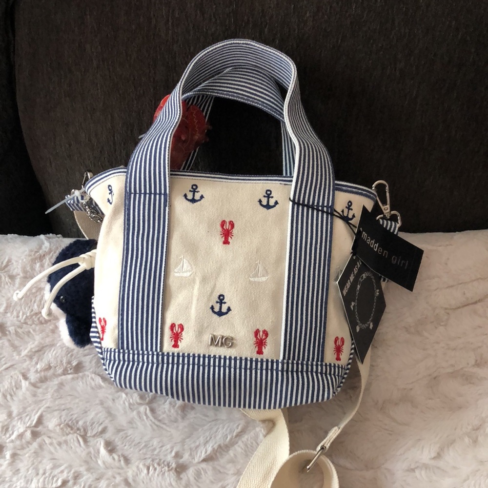 Nautical Anchor Print Cream Canvas Crossbody Bag Mini Tote with Red Scarf - Picture 7 of 14